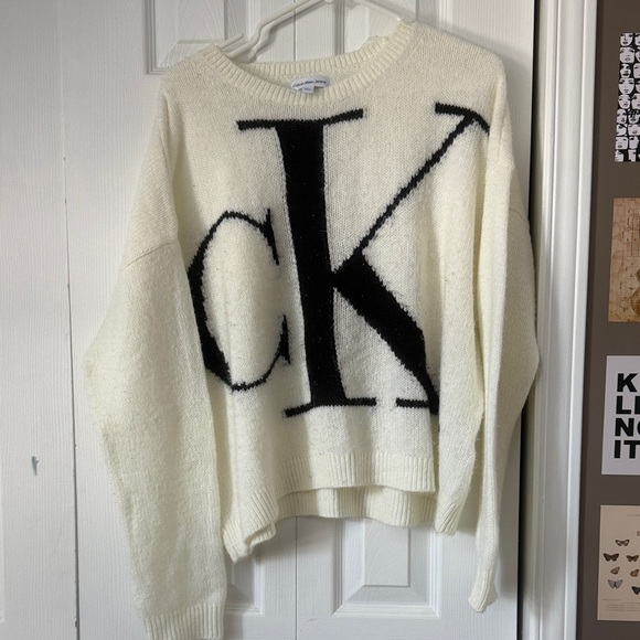 Calvin Klein Sweaters - Calvin Klein Women's Off-white/Cream Sweater with Black Logo